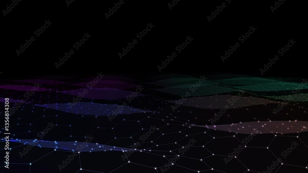 

Abstract technology 3D rendering with colors hexagonal wireframe. Grid in motion  with  dots and lines in dark digital cyberspace in background. Wavy hexagonal mesh.