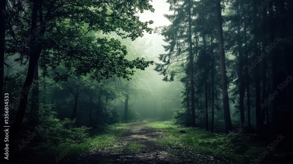 Morning mist forest dew serenity concept. A serene forest path shrouded in mist, surrounded by tall trees and lush greenery, creating a mystical atmosphere in nature. Morning mist forest dew serenity concept. A serene forest path shrouded in mist, surrounded by tall trees and lush greenery, creating a mystical atmosphere in nature.