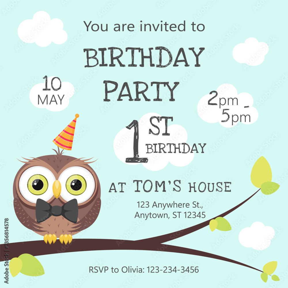 Obraz premium Birthday invitation. Owl boy on a branch in a party hat with clouds, one year old.