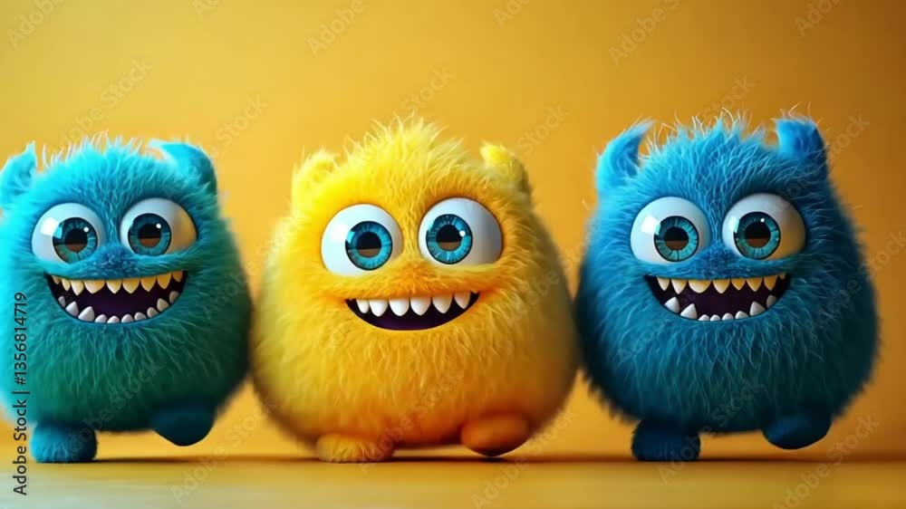 Three fluffy monsters running on a yellow background. Cute cartoon creatures. Possible use Children's book illustration Three fluffy monsters running on a yellow background. Cute cartoon creatures. Possible use Children's book illustration