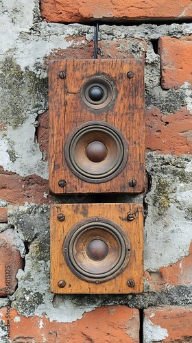 Two small wooden speakers are mounted on a brick wall