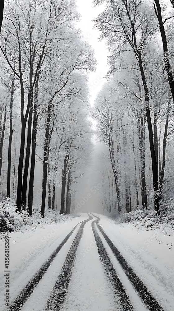 Obraz premium Snowy road, winter forest, fog, calm