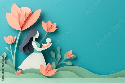 Mother holding baby in paper cut floral garden