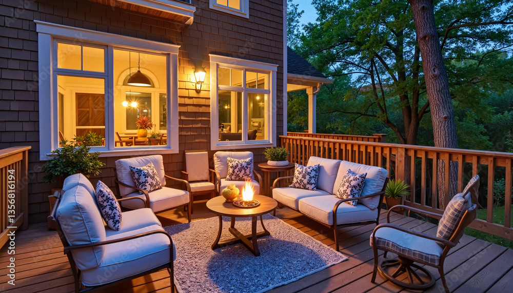 Fototapeta premium Cozy outdoor seating arrangement illuminated during twilight, warm ambiance