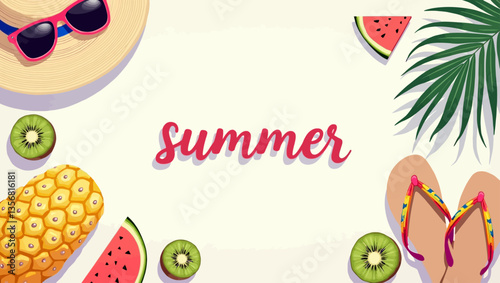 Summer-themed flat lay with fruits, sunglasses, hat and flip-flops on a white background with text.