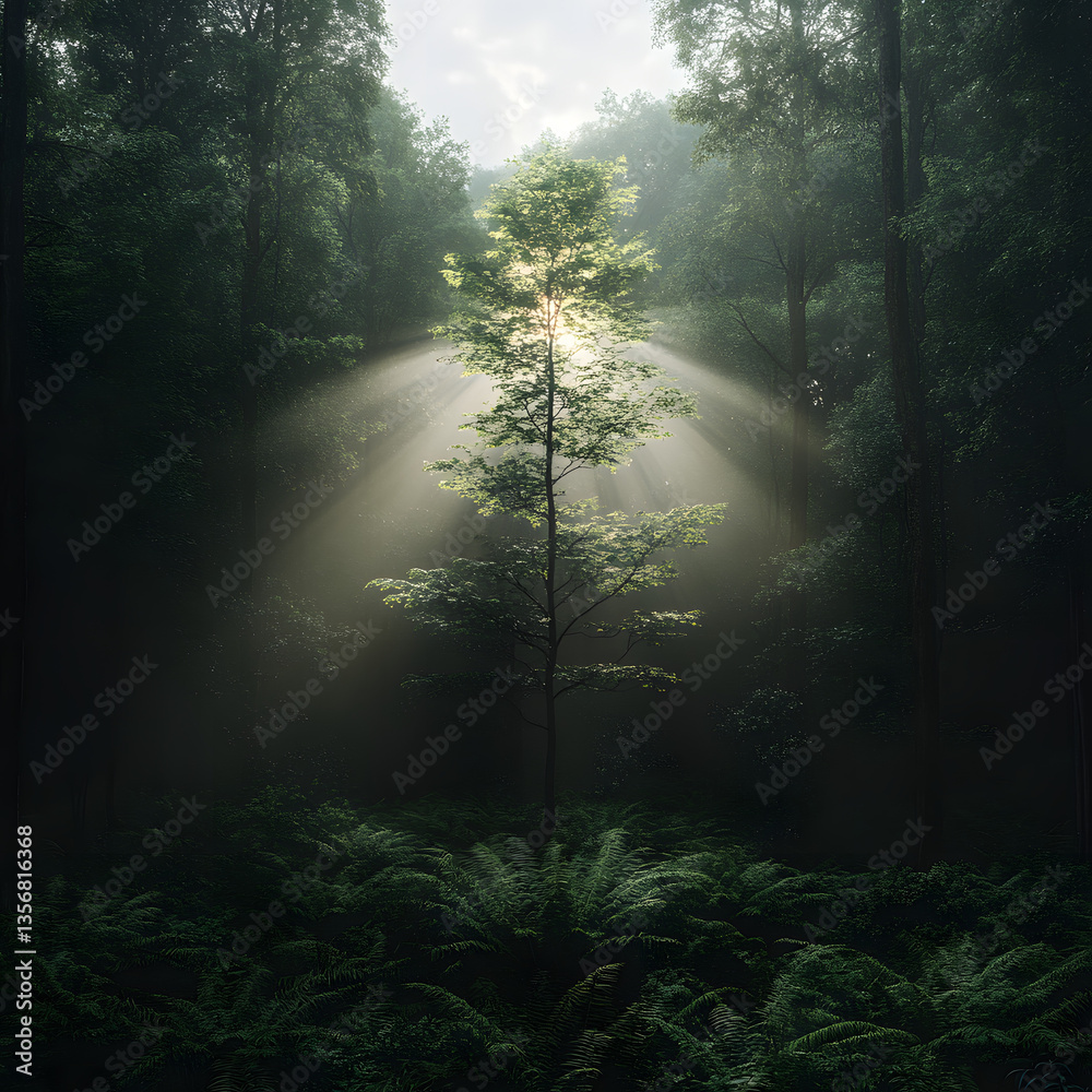 Obraz premium Sunlight piercing misty forest