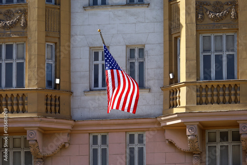 American flag on US embassy facade in Moscow. Symbol of United State of America