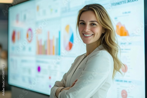 Businesswoman Presenting Data Analytics with a Gentle Smile in Front of Colorful Graphs and Charts on a Screen Free Download Businesswoman Presenting Data Analytics with a Gentle Smile in Front of Colorful Graphs and Charts on a Screen - GFXLoad