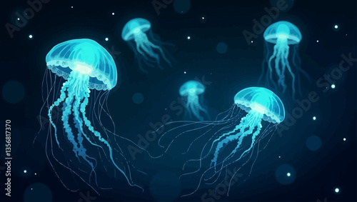 Bioluminescent jellyfish swimming in a dark ocean, glowing softly under the water with magical elegance.