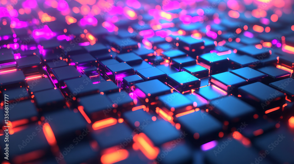 An immersive symmetry of modular tech forms, illuminated by radiant shades of blue, magenta, and An immersive symmetry of modular tech forms, illuminated by radiant shades of blue, magenta, and