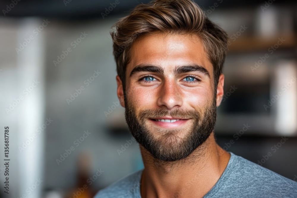 Bright smile from a young man in casual clothing during a warm indoor setting