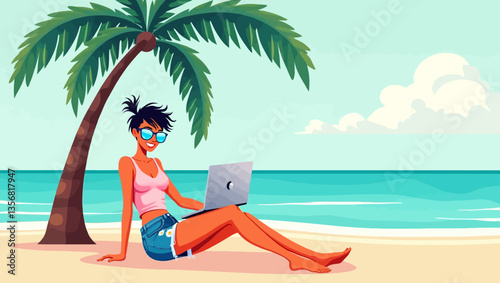 Woman working remotely on a laptop under a palm tree at the beach, enjoying a digital nomad lifestyle.