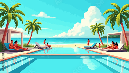 People relaxing around a luxurious tropical beachside pool, enjoying sun, sea view, and modern vacation vibes.
