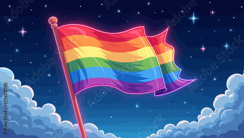 Rainbow pride flag waving peacefully at night under a starlit sky, representing unity, diversity, and LGBTQ+ pride.