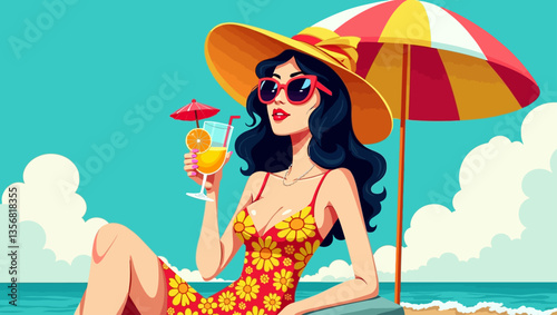 Woman in yellow dress sipping cocktail by the beach under a red and white umbrella, relaxing in sunny paradise.