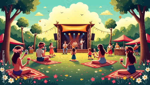 People enjoying an outdoor music festival with stage performance, picnic blankets, and a relaxing summer atmosphere.