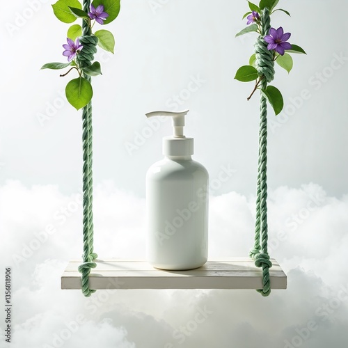 Cosmetic bottle on a swing decorated with flowers, against a soft cloudy background
