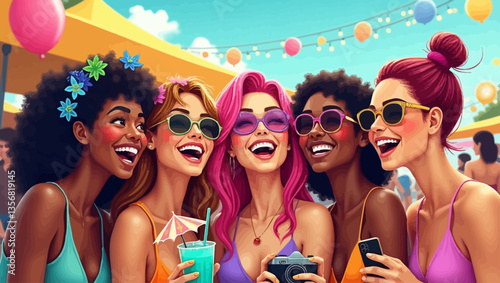 Cheerful group of young women with sunglasses at a colorful summer event, enjoying festive vibes and drinks.