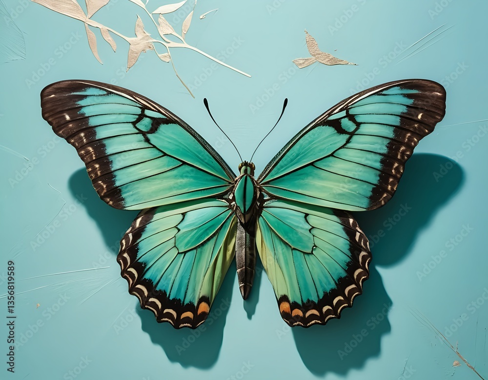 Fototapeta premium Teal Morpho Butterfly on Turquoise Background
