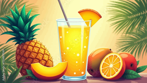 Refreshing glass of orange juice surrounded by tropical fruits with a glowing sunset background and palm leaves.