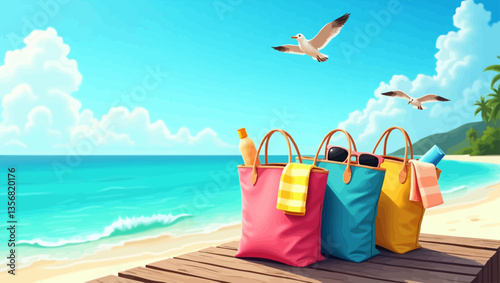 Three beach bags filled with summer essentials on a sunny shore with waves, seagulls, and palm trees.