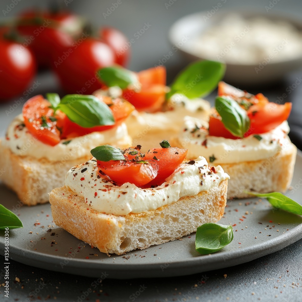 Appetizing bruschetta with creamy cheese fresh tomato and basil on a gray plate close up view Appetizing bruschetta with creamy cheese fresh tomato and basil on a gray plate close up view