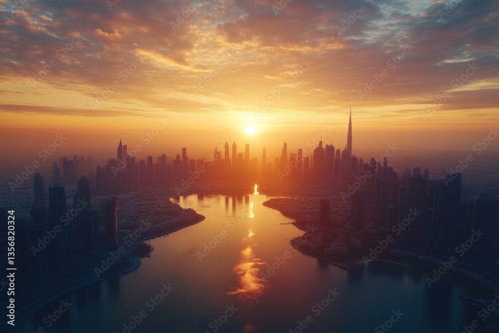 Fototapeta premium Sunrise over the Dubai skyline showcasing breathtaking reflections in the water with skyscrapers and clouds at dawn