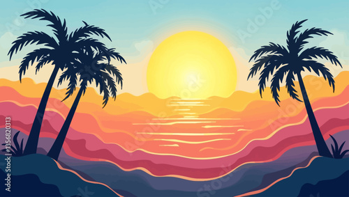Tropical sunset landscape with palms and colorful waves reflecting warm sunlight in stylized illustration.