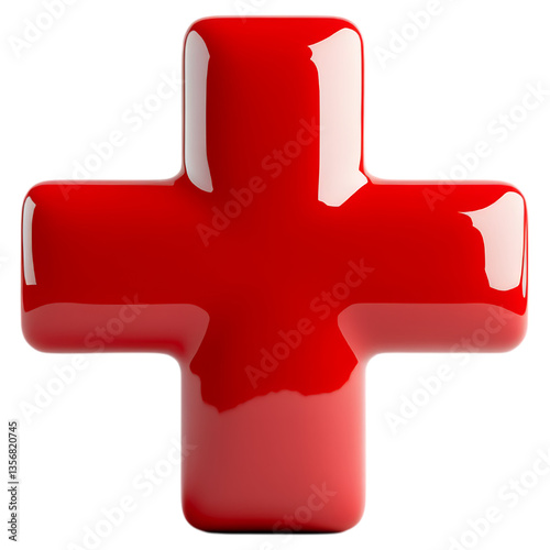 Glossy red medical cross icon, isolated and AI generated..