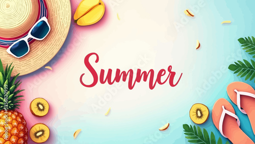 Tropical summer banner with fruits, beachwear, and "Summer" lettering in a bright, joyful layout.