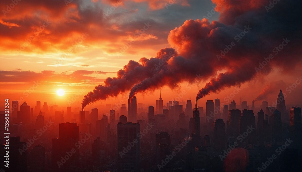 Fototapeta premium Industrial City Skyline with Smoke Plumes at Dramatic Sunset
