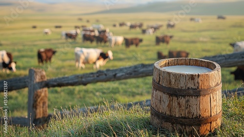 Rustic milk pail filled with fresh milk near a barn fence and grazing cows