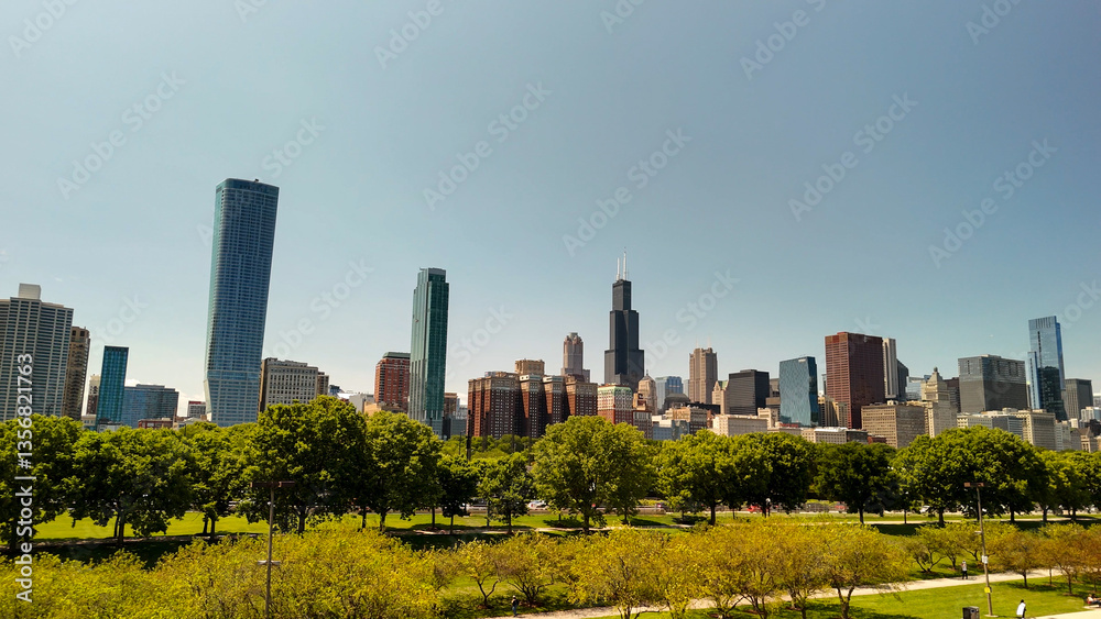 Breathtaking aerial perspective of Chicago skyline with shimmering lakefront