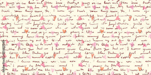 Seamless vector pattern with vintage handwritten unreadable text and hearts, old love letter with illegible cursive script background