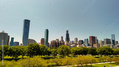 Obraz na płótnie Breathtaking aerial perspective of Chicago skyline with shimmering lakefront w salonie