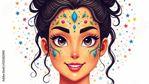 Portrait of a young woman with vibrant face paint and gems, surrounded by colorful stars and festive expression.