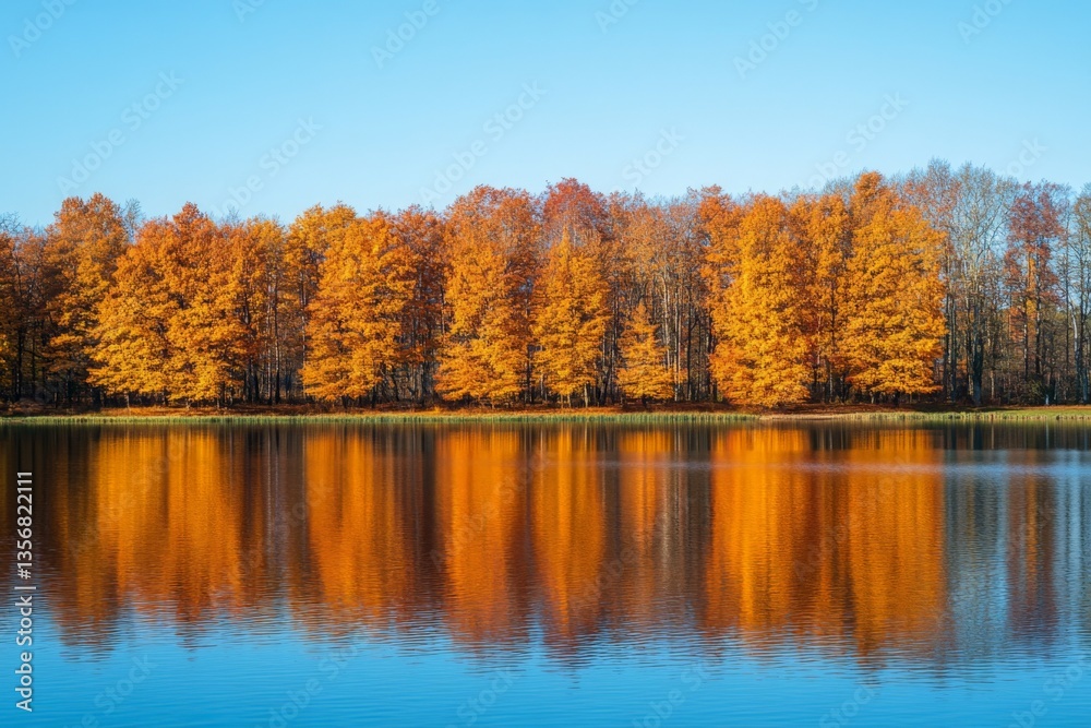 Vibrant autumn colors reflected in serene lake under clear blue sky during early morning hours Vibrant autumn colors reflected in serene lake under clear blue sky during early morning hours