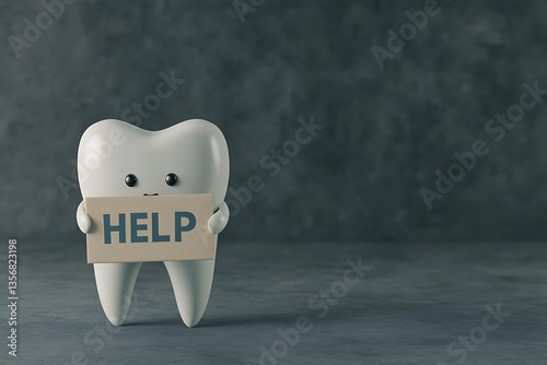 Sad tooth holding a help sign, dental health concept