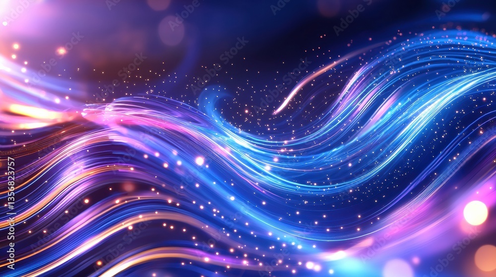 Fototapeta premium A vibrant, abstract design featuring flowing waves of blue and purple light, interspersed with shimmering particles.