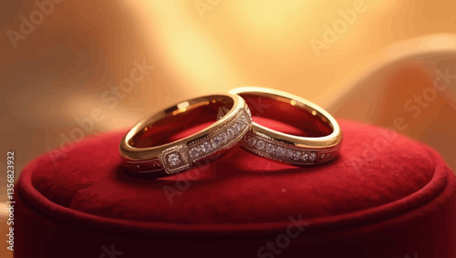 Close-up of elegant gold wedding rings with engraved designs placed on a red velvet cushion, symbolizing love and commitment.
