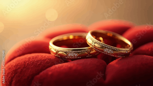 Two golden wedding rings resting on red velvet, reflecting love, partnership, and celebration of a lifelong union.
