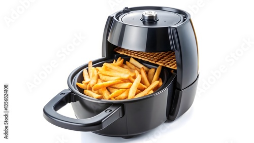Air Fryer Appliance Producing Golden French Fries Isolated on White Background