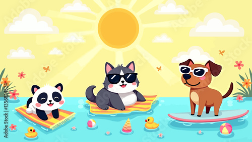 Cartoon panda, dog, and cat relaxing on floaties in the sea under the bright sun, enjoying summer beach fun together.