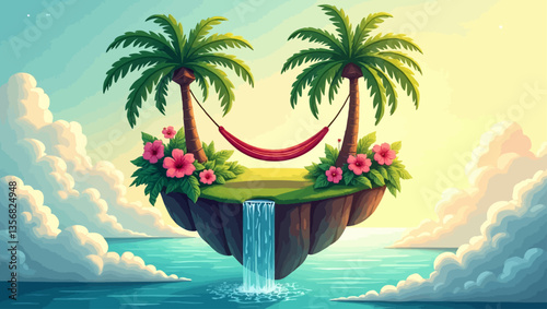 Fantasy tropical island with hammock between palm trees and waterfall, floating in calm sea under soft light.