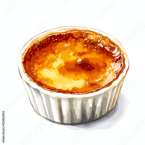 Watercolor Crème Brûlée Custard in Ramekin