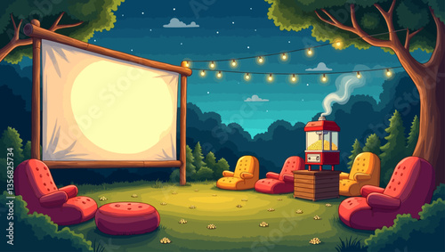 Charming outdoor movie night with multiple bean bags, popcorn stand, and twinkling lights in a magical forest setting.