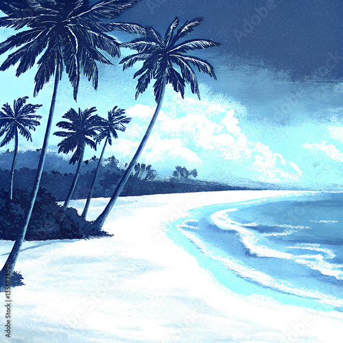 Tropical beach with palm trees under dramatic sky  