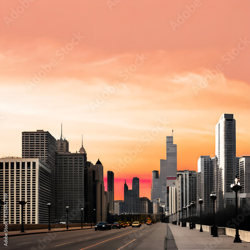City skyline at sunset with colorful clouds and modern architecture  