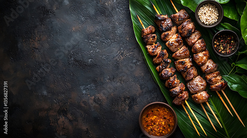 Wallpaper Mural Grilled meat skewers sit on tropical leaves with dipping sauces against a dark textured backdrop. Torontodigital.ca