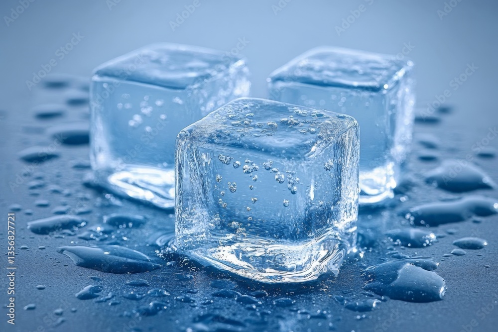 Clear ice cubes sit on a blue surface with droplets of water reflecting light in a refreshing composition Clear ice cubes sit on a blue surface with droplets of water reflecting light in a refreshing composition